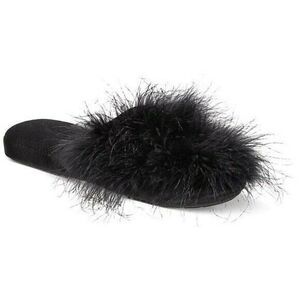 INC International Concepts Deep Black Wedge Faux-Marabou Slippers Small 5-6 New